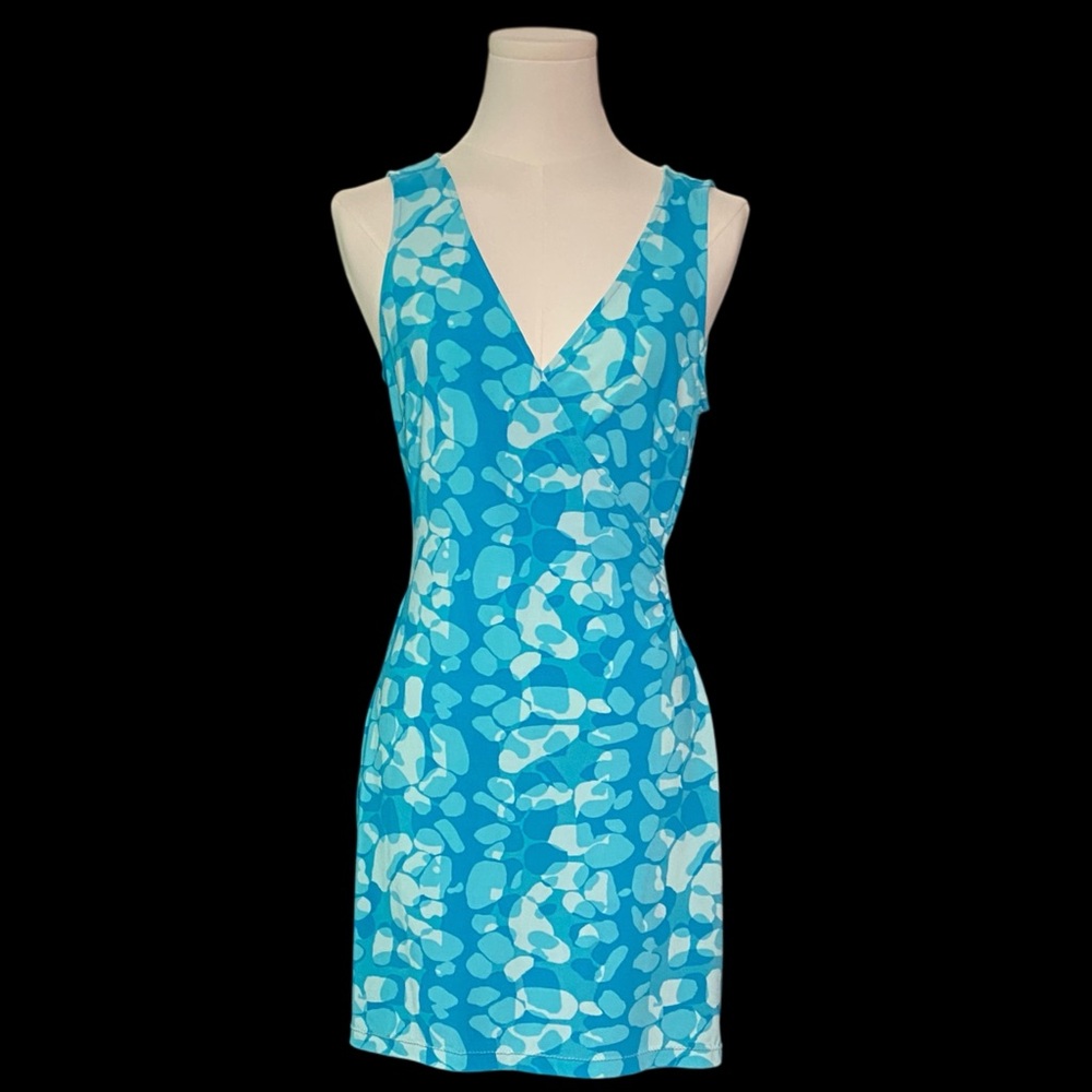 BCBGMaxAzria Teal and Light Blue Patterned Dress Y2K look